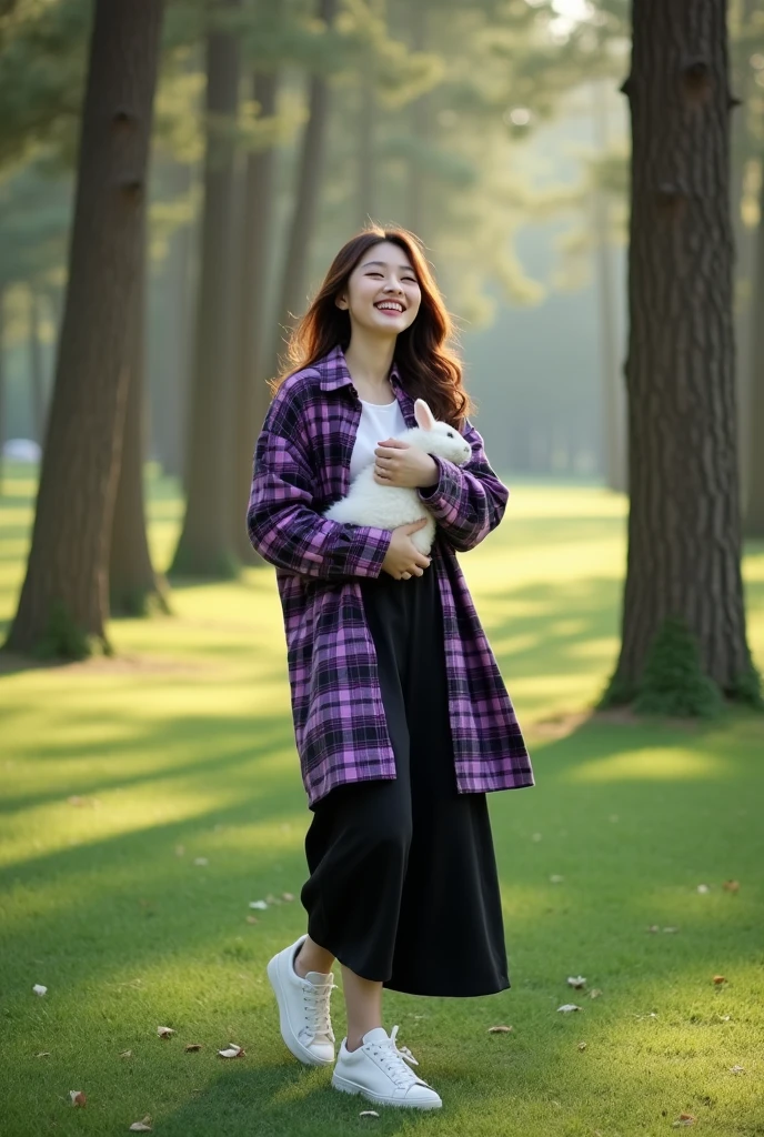 Glamor shot, beautiful Korean girl with white skin, well-groomed face, walking in the pine park, wearing a purple and black checkered long shirt, holding a rabbit, culottes, white Jordan sneakers, looks very happy. Beautiful pine forest background for original photo studio photos