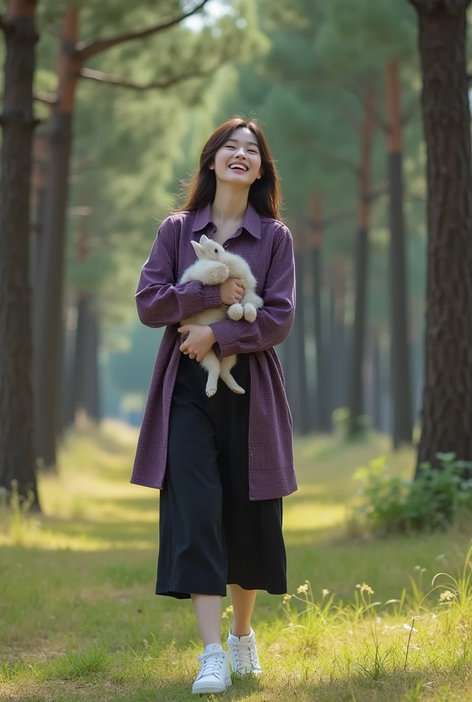 Glamor shot, beautiful Korean girl with white skin, well-groomed face, walking in the pine park, wearing a purple and black checkered long shirt, holding a rabbit, culottes, white Jordan sneakers, looks very happy. Beautiful pine forest background for original photo studio photos