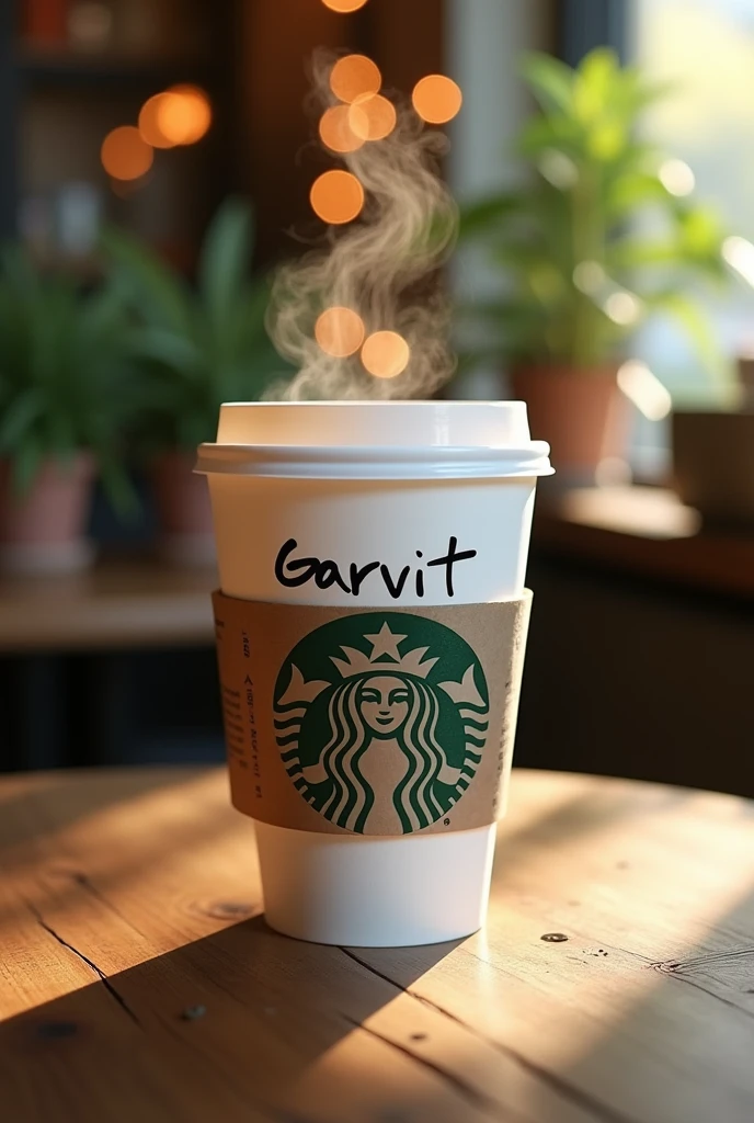 A Starbucks coffee with ' Garvit ' written on it with marker . Make it aesthetic low quality image