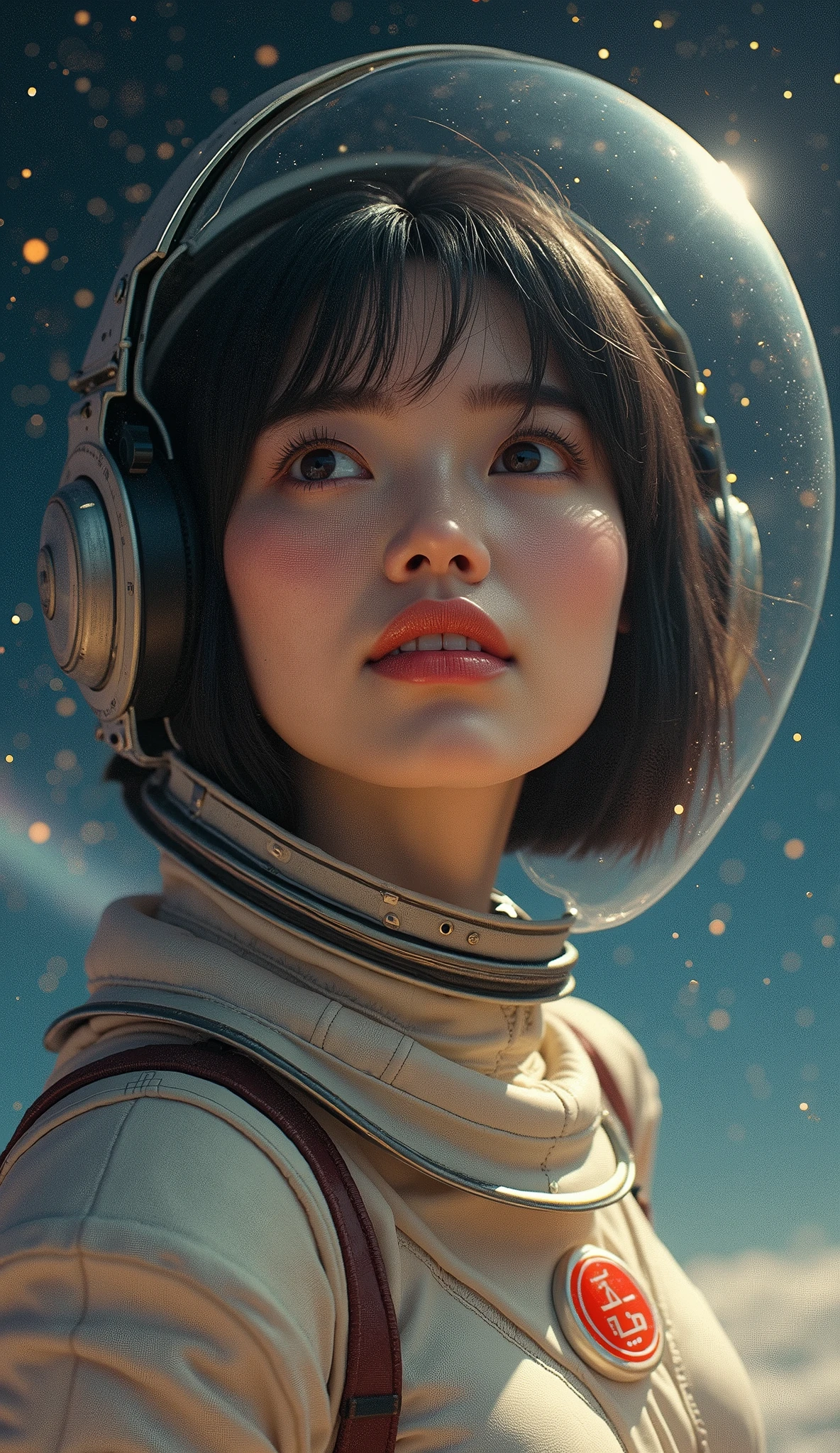 Beautiful adult woman、Japanese、clear、Black Hair、Brown eyes、Transparency、Pink Lips、Bobcut、Retro spacesuit、Upper Body、Look Up、Blushing cheeks、A faint smile、universe space、Real、Masterpiece、Highest quality、Light reflecting off the helmet、