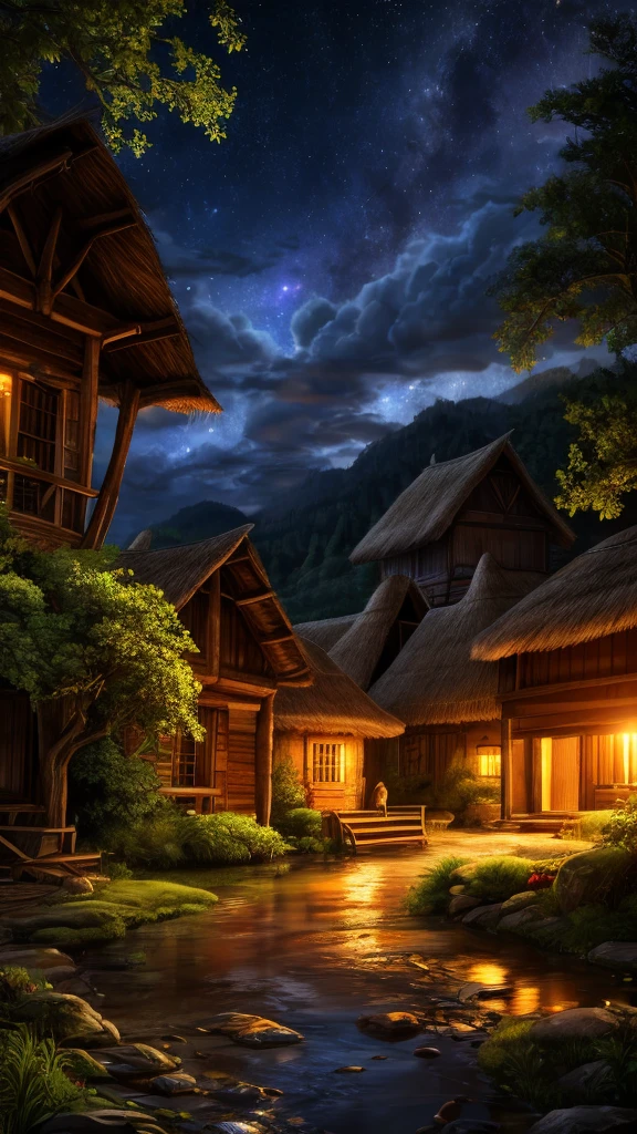 A beautiful village at night, rustic mud house with thatched roof, lush green tree, fluffy clouds in starry sky, glowing fireflies, glory butterfly (best quality,4k,8k,highres,masterpiece:1.2),ultra-detailed,(realistic,photorealistic,photo-realistic:1.37),cinematic lighting,warm color tones,vibrant colors,dramatic shadows,detailed foliage,atmospheric,landscape,ambient occlusion,natural scenery