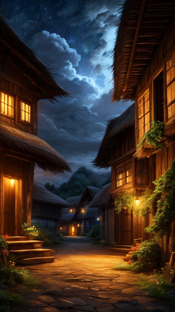 A beautiful village at night, rustic mud house with thatched roof, lush green tree, fluffy clouds in starry sky, glowing fireflies, glory butterfly (best quality,4k,8k,highres,masterpiece:1.2),ultra-detailed,(realistic,photorealistic,photo-realistic:1.37),cinematic lighting,warm color tones,vibrant colors,dramatic shadows,detailed foliage,atmospheric,landscape,ambient occlusion,natural scenery