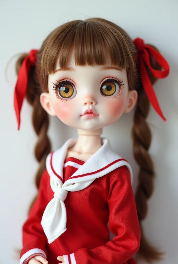 Overlooking、Image from the chest up、Girl、White skin、Brown Hair、Twin tails、Red hair laces、Glass-like yellow eyes、Red Sailor Suit、Pink Lips、Expressionless、Brown eyelashes、Short eyebrows、Looking up、Bangs that aren't straight、White background、delicate、Ball jointed doll、Pointed Ears、Rozen Maiden style