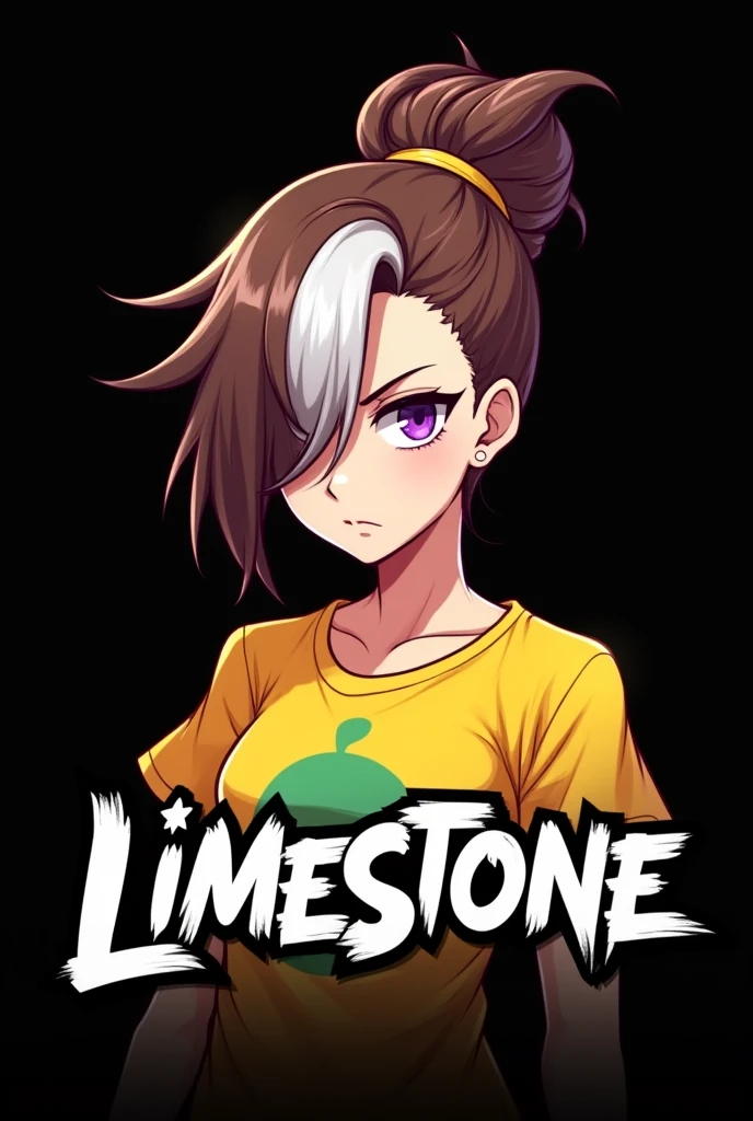 Gaming Logo for "LimeStone" , Gamer , black background , styled white font , Anime girl , brown and white hair colour ,  hair bun style , yellow T-shirt , purple eyes , empty eye lens , serious eye
