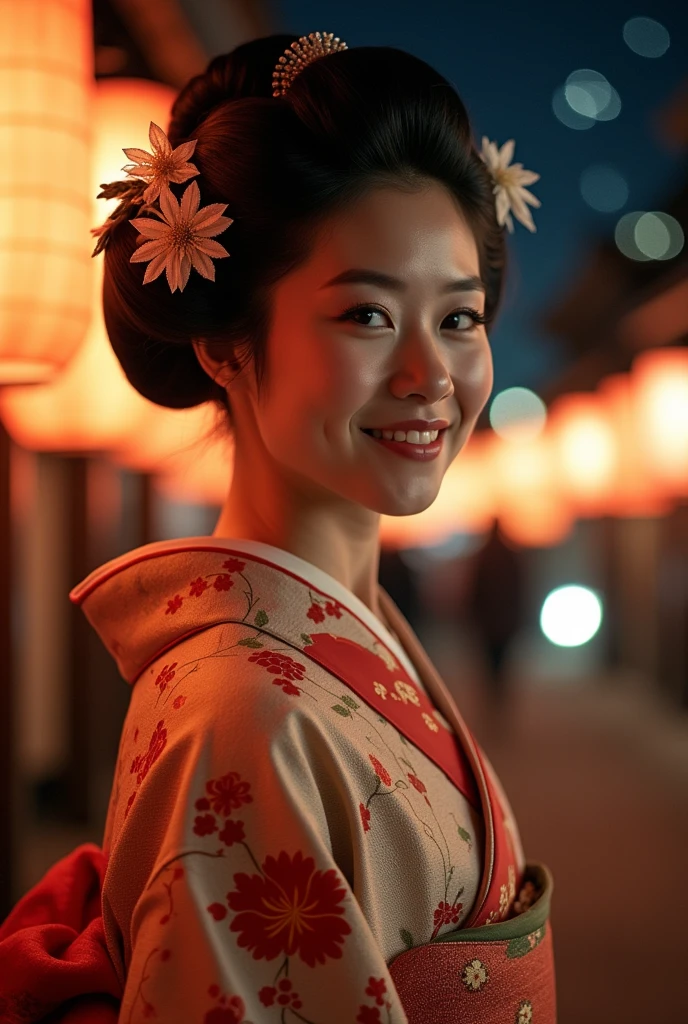 An elegantly dressed Japanese woman under the lights、Chest up、