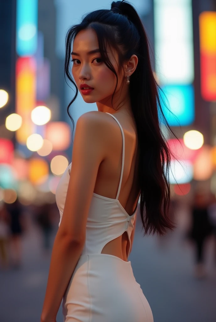 A 30-year-old Chinese woman in a white tight mini dress　Fair skin　ponytail