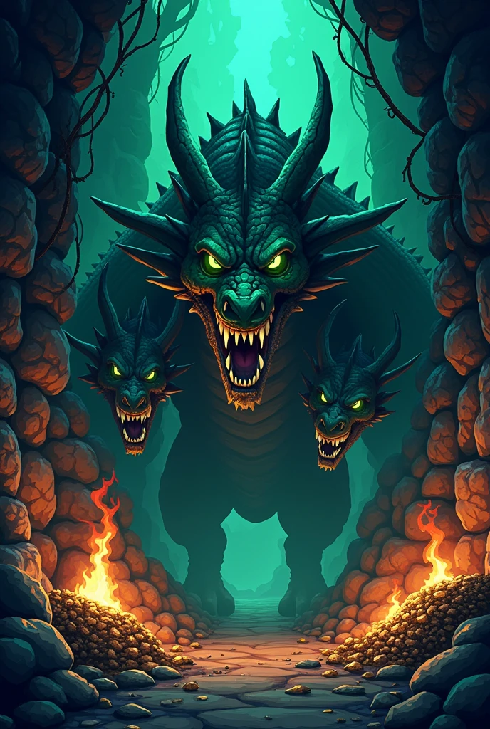 Pixel art dark green dragon (bloc) It has five heads.. Dungeon video game title
