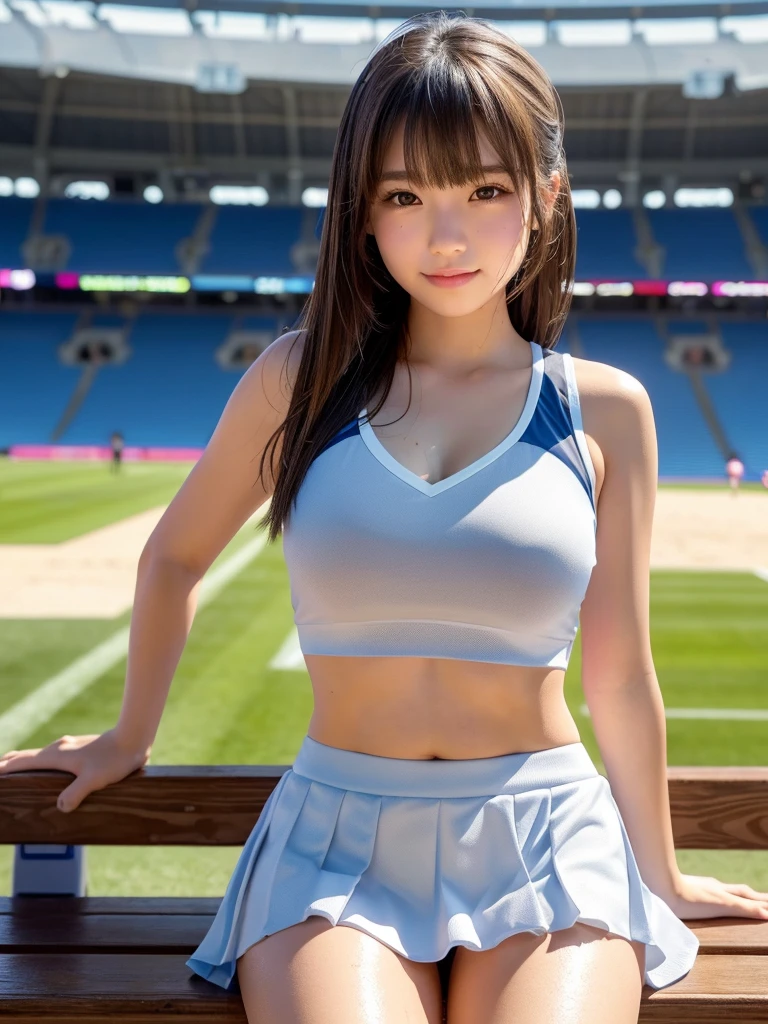 Product quality,1 girl,Cheerleader,Cowboy Shot,Young and cute Japanese,20-year-old,((Stadium bench background:1.2)),A small smile,cheer leading,break,The pom-poms are placed side by side.,Sit cross-legged on a bench,Wipe the sweat with a towel,Drink a sports drink,Complete off-shot,Cheerleaderuniform,Ultra Short Short Pleated Mini Skirt,Very cute face,Baby Face,Glossy Lips,(Beautiful big eyes),Gray Eyes,Double eyelids on both eyes,(Natural Makeup),shiny smooth light brown long hair,,Asymmetrical bangs,Floating Hair NovaFrog Style,Center image,8k resolution,Attention to detail,Detailed hairstyle,Detailed face,Cinema Lighting,Octane Rendering,Ultra-realistic,(Glowing Skin, Sweaty:1.3)Perfect limbs,Beautiful legs,Voluptuous thighs,Huge breasts,(Expresses the roundness and softness of the chest area..........1),Perfect Anatomy,((relax:1.3))
