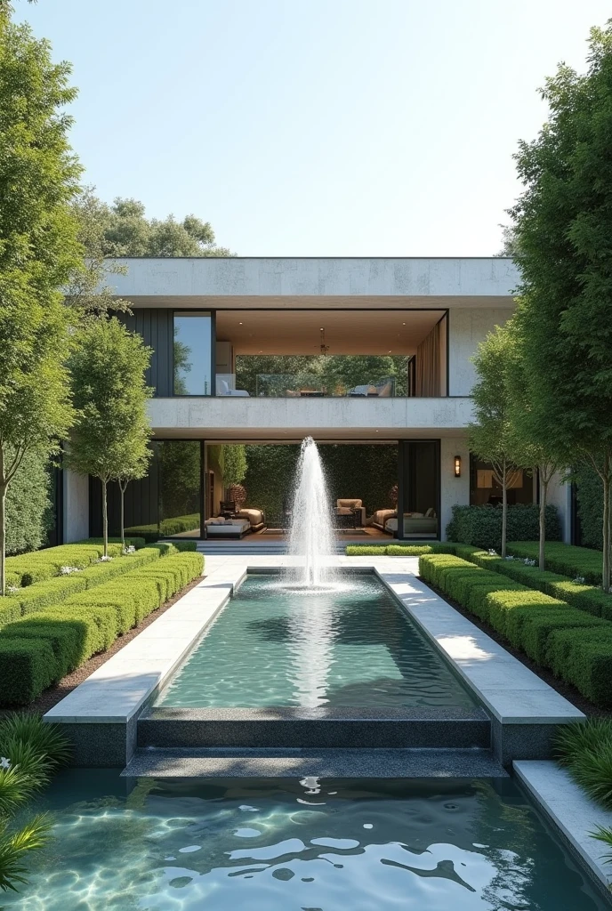 
A minimalist modern mansion with a clean, pristine yard featuring a central fountain. The exterior is characterized by sleek lines, expansive windows, and a seamless integration of nature. The fountain, a focal point of the design, cascades water gracefully into a reflecting pool, creating a soothing ambiance. The meticulously manicured lawn stretches out like a verdant carpet, bordered by lush greenery and perfectly pruned hedges. The overall aesthetic exudes an air of sophistication, tranquility, and effortless elegance. The image is rendered in ultra-realistic detail, capturing every subtle texture and nuance, with a perfect symmetry that enhances the sense of harmony and balance. The scene is presented in 8k resolution, showcasing an unparalleled level of clarity and sharpness. 
