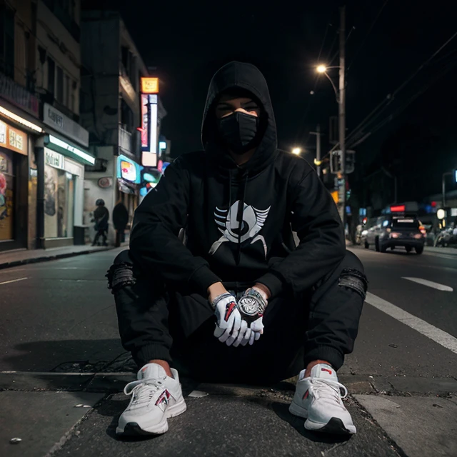 young man sittingcasually on a sidewalk seat, white full face helmet beside him, use black mask, use black hoodie, use black long pants, use white shoes, behind him the decoration of the city at night, the street lights are on to the left of the seat, SurabayaCity,(perfect picture),(Asus ROG Phone ZS600KL Camera-Visions).