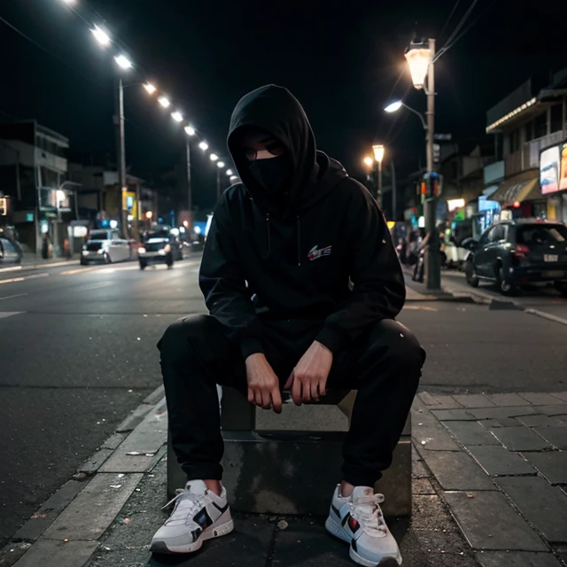 young man sittingcasually on a sidewalk seat, white full face helmet beside him, use black mask, use black hoodie, use black long pants, use white shoes, behind him the decoration of the city at night, the street lights are on to the left of the seat, SurabayaCity,(perfect picture),(Asus ROG Phone ZS600KL Camera-Visions).