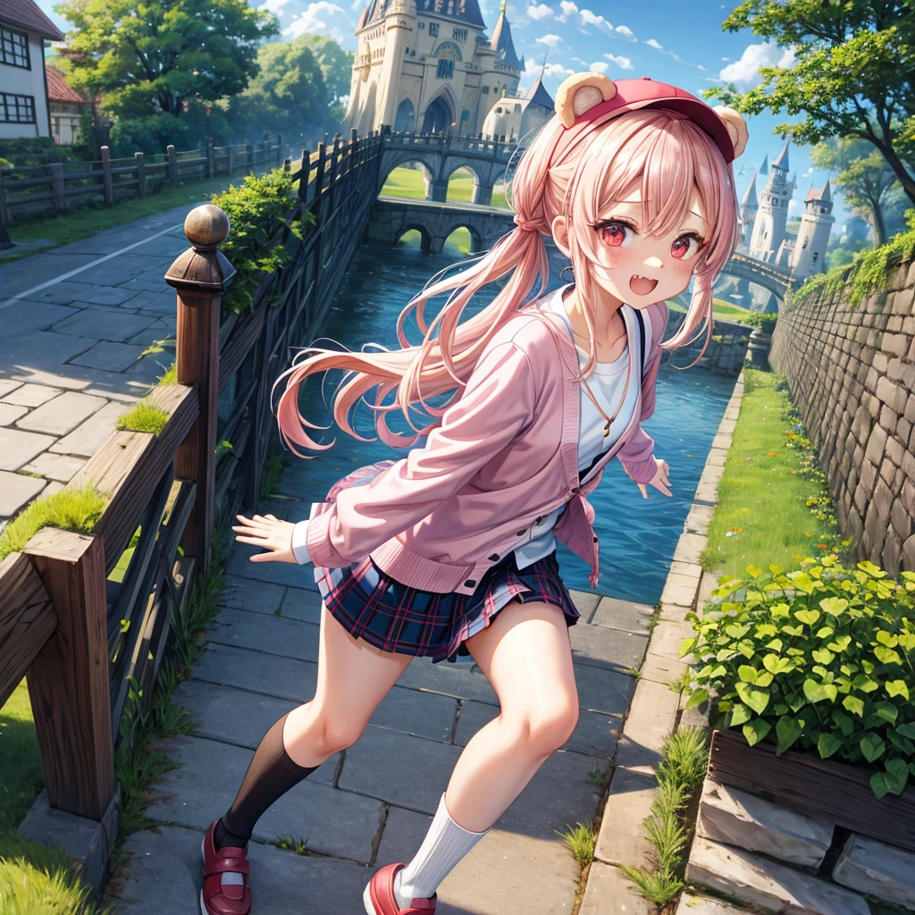 Pink Blue Gold Golden Hair、Golden Eyes、One good looking girl、Twin tails、solo、anime、Checkered mini skirt、The skirt has buttons、Red T-shirt、China、Cape、Black knee-high socks、Wearing headphones、Wearing a ribbon、Ribbon on waist、Tilting face、Teeth are visible、Sunset sky、Water Mountain、Piercing the clouds、Contrail、Tinted Glasses、tree、Touching your face、lotus leaves、canal、Cumulonimbus、bamboo forest、Prone