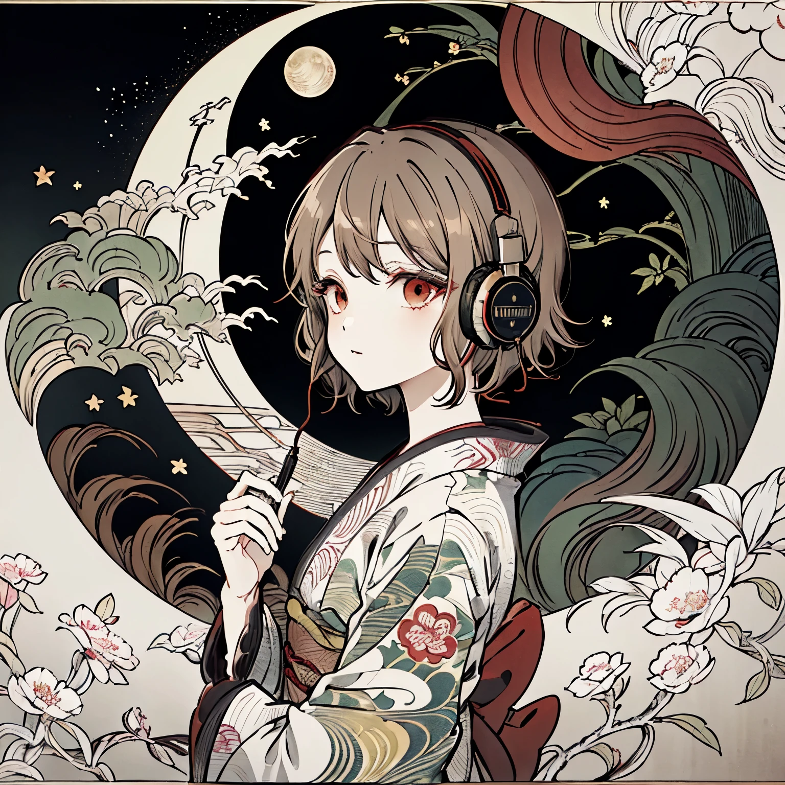 Highest quality, Tabletop, (girl, kimono, Red eyes, profile, Wavy short hair, Brown Hair, Upper Body), (moon, Greenish foliage), Long eyelashes, alone, firework, ((background: night, starry sky)), ((headphones)), ((ukiyo-e style)),