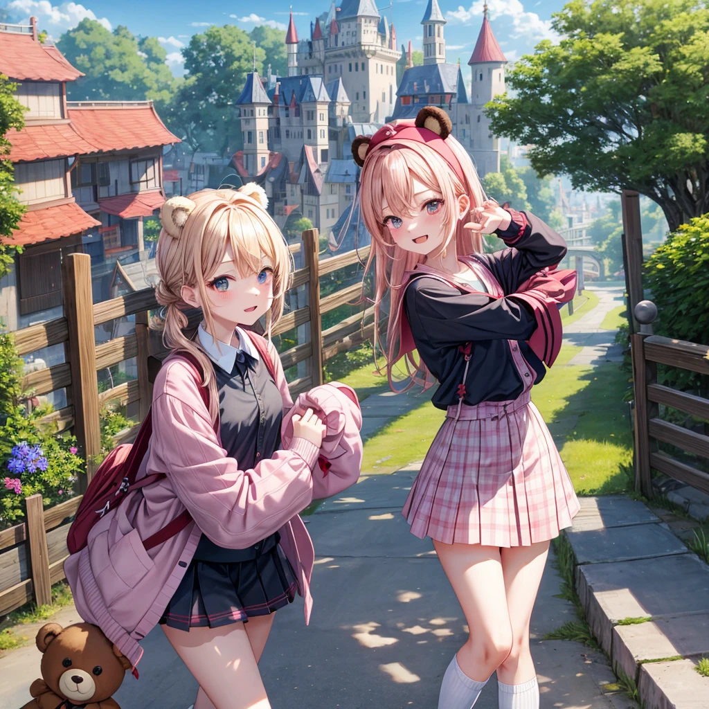 Pink Blonde、Red eyes、Hair tied up、Two cute、Checked mini skirt、black t-shirts、cardigan、Knee-high socks、bear ears baseball cap、Teeth are visible、Monster Castle、Tilting face、crossing the bridge、hazakura、windmill、grass、Stones are growing out of the ground.、impregnable、A teddy bear is walking、Morning glory is blooming.、In front of the city gates
