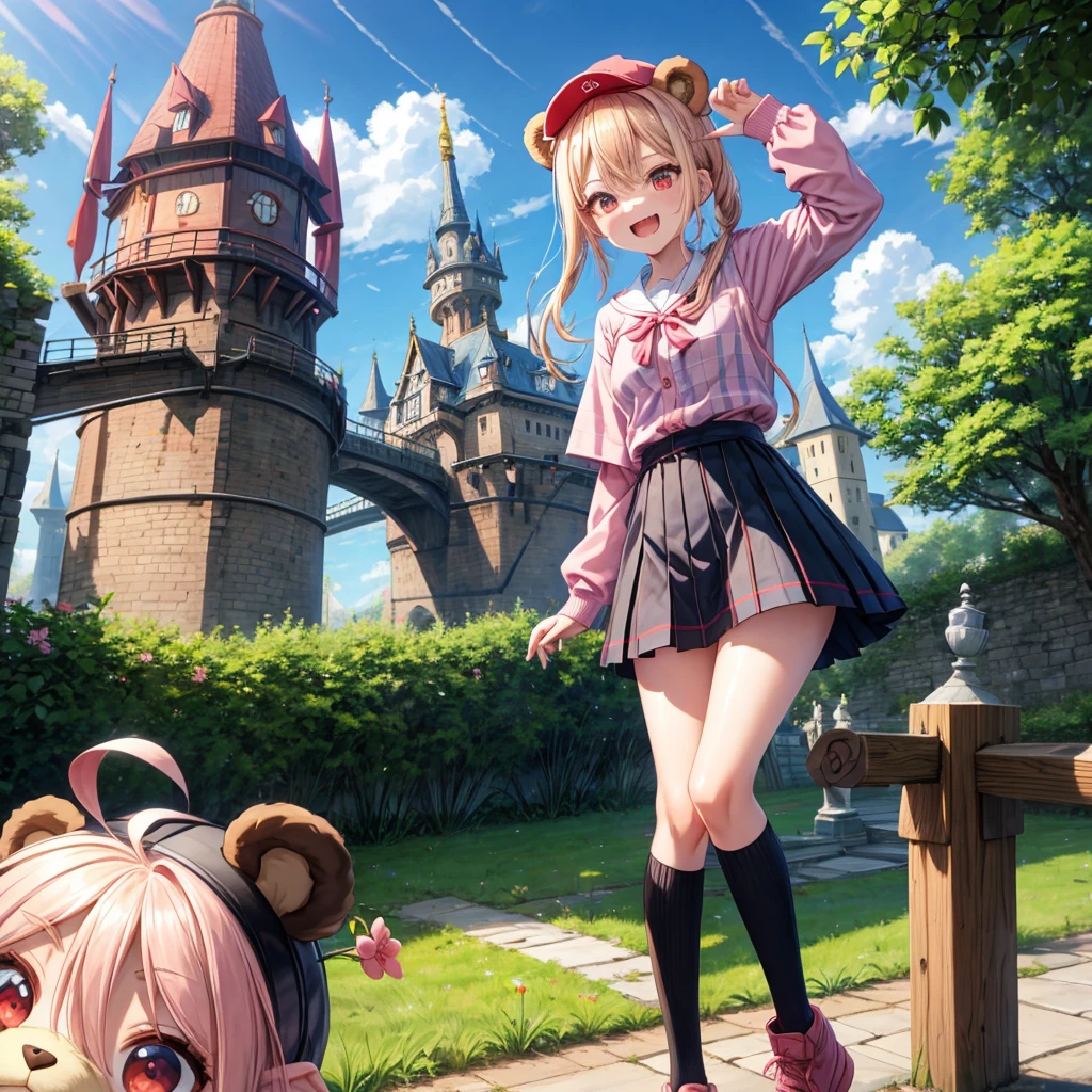 Pink Blonde、Red eyes、Hair tied up、Two cute、Checked mini skirt、black t-shirts、cardigan、Knee-high socks、bear ears baseball cap、Teeth are visible、Monster Castle、Tilting face、crossing the bridge、hazakura、windmill、grass、Stones are growing out of the ground.、impregnable、A teddy bear is walking、Morning glory is blooming.、In front of the city gates
