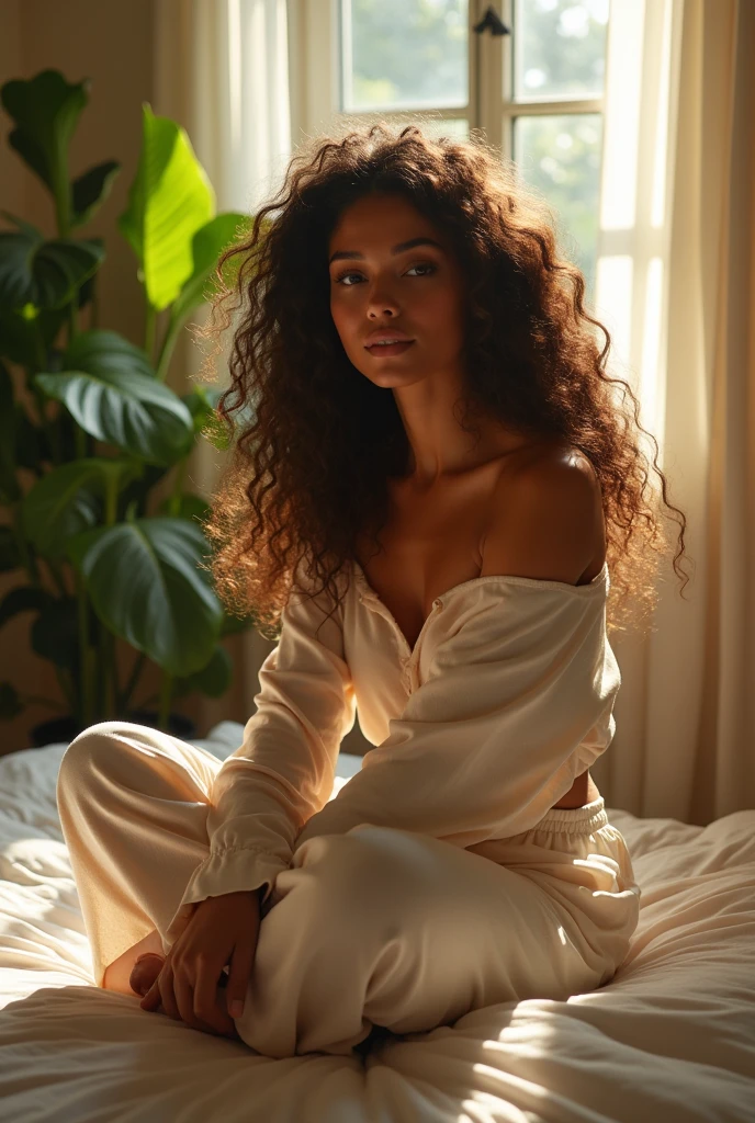 (photorealism:1.2), beautiful woman, sitting on bed, wearing loose off-shoulder top, pajama pants, long curly hair, indoors, soft lighting, plants in background, window with sunlight, cozy room, relaxed pose, realistic, intricate details, warm colors, by Greg Rutkowski, by Alphonse Mucha