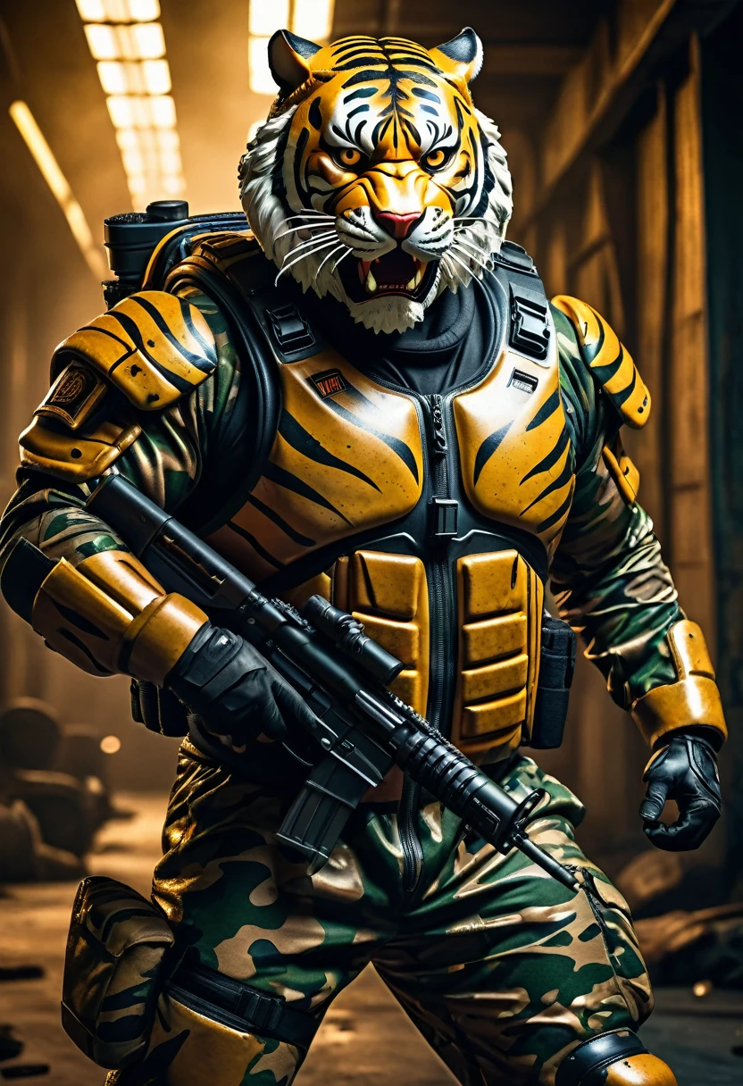 (a dark-skinned fat muscular old man in a bulky army camouflage zipper diver suit) carrying a machine gun, (wearing realistic roaring tiger mask), dynamic action pose, fierce expression, showcasing an imposing stature, surrounded by military elements, dramatic shadows and intense highlights, cinematic color tones, high detail, powerful, art influenced by Bruce Onobrakpeya and Stanley Artgerm, ultra-detailed, best quality image, action-packed atmosphere. fighting stance
