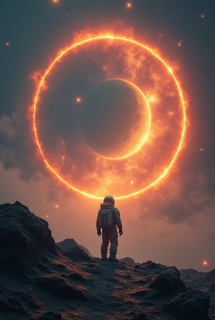 A captivating cinematic photo of a towering big Pho bow, set against a breathtaking cosmic backdrop filled with swirling nebulae,twinkling stars, and a distant, mysterious planet. A lone astronaut, dressed in a spacesuit with a backpack and helmet, stands in the foreground, facing the iconic bow. The astronaut is positioned on a foreign, rocky terrain that resembles a barren moon or alien planet. The Pho big bow emits a bright, inviting light, casting a warm glow that starkly contrasts the dark, cold expanse of space. The scene evokes a sense of adventure, exploration, and the boundless possibilities of the universe., photo, cinematic