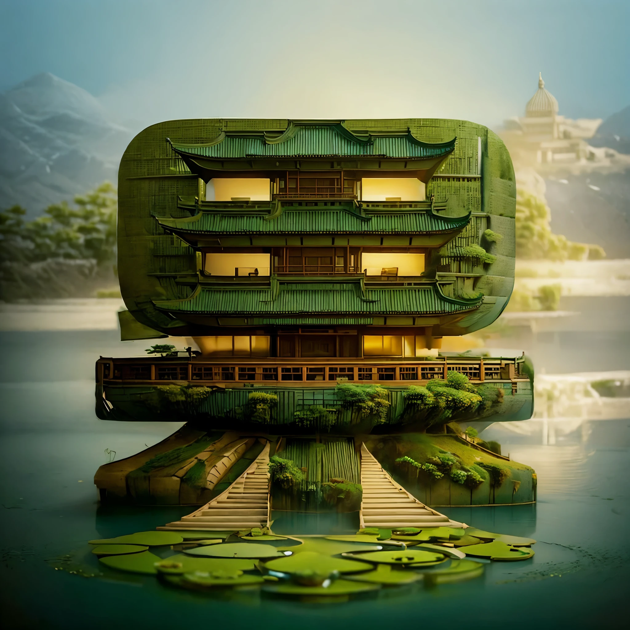 Potted plants, lake, water, lily pad,lotus, temple,
