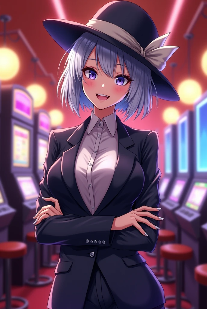 magician、Trump、Silver Hair、young woman、Anime Style、Big Breasts、silk hat、suit、Wolf Cut、Provocative、smile、casino、stylish