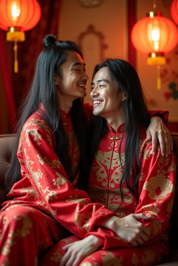 Make a gay couple who wearing a Chinese dress one of them are sitting his lap and their hairs are long and silky I mean they both are boys
