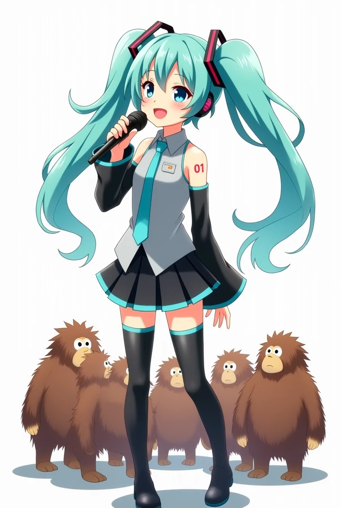 Anime art, anime style, detailed drawing, white background, high definition, high quality, one girl, solo, Hatsune Miku, aqua hair, twin tails, head ornament, headphones, number tattoo "01" (red, located on her left hand), grey sleeveless collared shirt, black detached sleeves with aqua lines, five fingers with aqua nails, aqua necktie, black pleated mini skirt with aqua lines, zettai ryouiki, thigh-high black boots with aqua lines.
Miku Hatsune holding a microphone; she is singing for neanderthals (primitive human)
