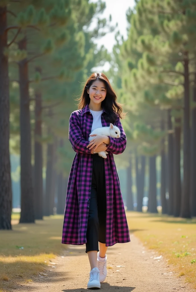Glamor shot, beautiful Korean girl with white skin, well-groomed face, walking in the pine park, wearing a purple and black checkered long shirt, holding a rabbit, culottes, white Jordan sneakers, looks very happy. Beautiful pine forest background for original photo studio photos