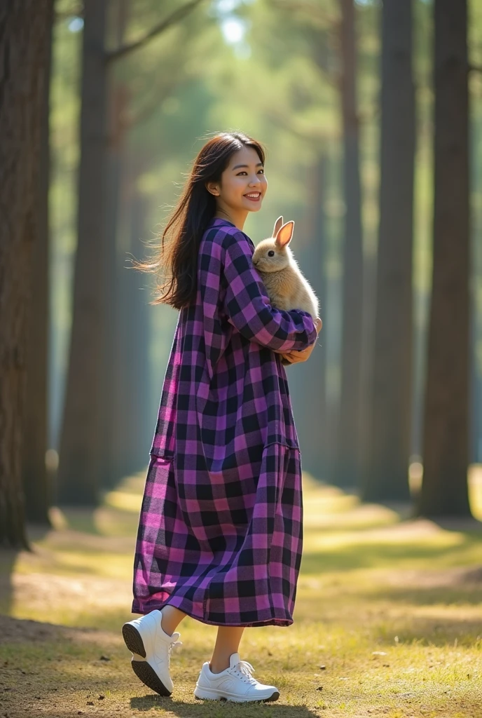 Glamor shot, beautiful Korean girl with white skin, well-groomed face, walking in the pine park, wearing a purple and black checkered long shirt, holding a rabbit, culottes, white Jordan sneakers, looks very happy. Beautiful pine forest background for original photo studio photos
