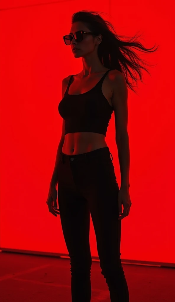 The following features can be seen in this image: - A woman standing against a red wall.
- Woman standing against a red wall
- She is wearing a black top and pants
- She is wearing sunglasses, hiding her eyes.
- Her hair is swaying in the wind
- Serious expression.
- Overall, the contrast between red and black is clear.