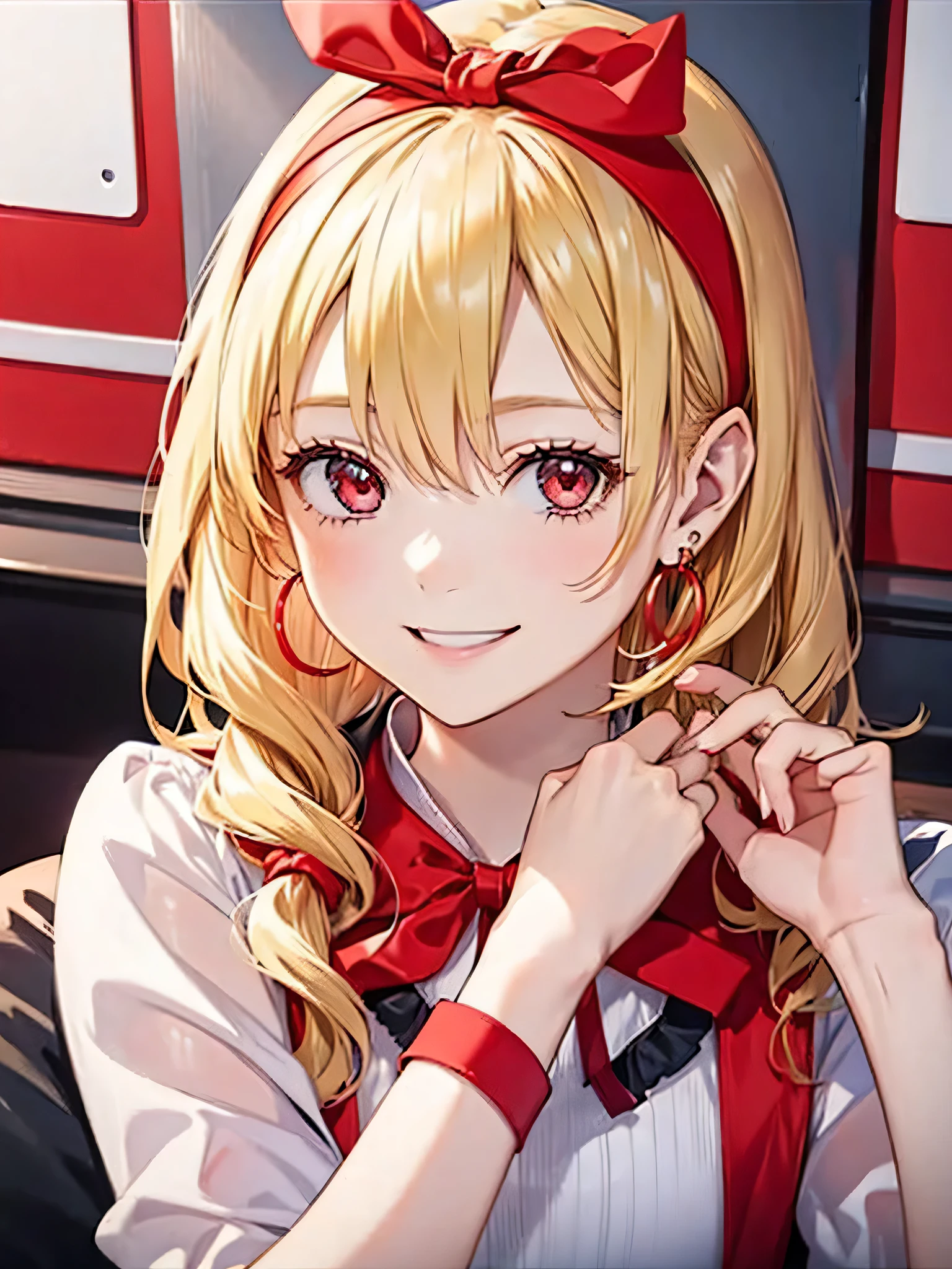 (RED Ribbon on HAIRband:1.2),ALL Focus,a young GIRL with Blonde hair, smiling, posing on the ROOM, 1girl, jewelry, earrings, solo, realistic, hoop earrings, outdoors, looking at viewer, smile, Blonde hair,