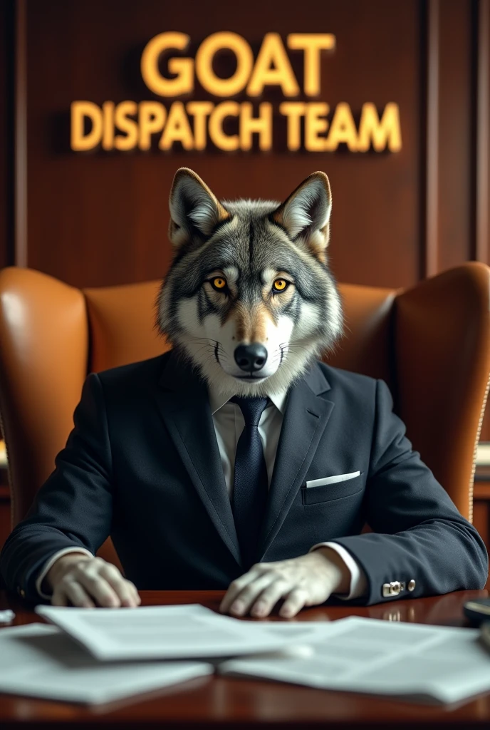 serious grey wolf with suit on it sean letter sitting in in the chair at office under letter “GOAT DISPATCH TEAM”