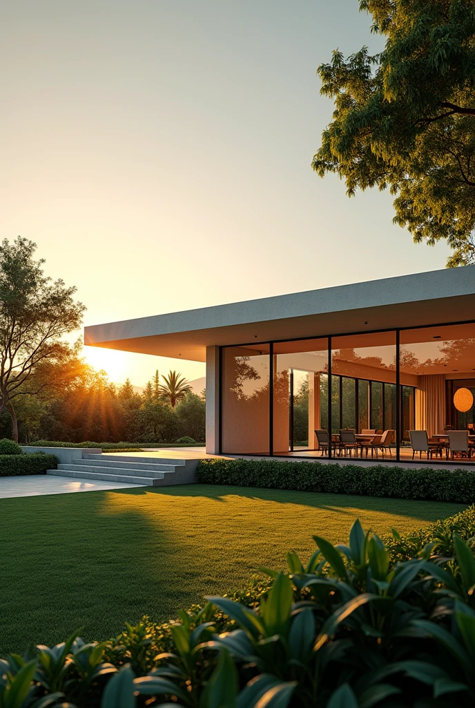 
A sprawling minimalist mansion, bathed in the soft glow of the setting sun. The sleek, modern architecture features clean lines and vast expanses of glass, seamlessly blending indoor and outdoor spaces. Lush greenery spills over manicured lawns, creating a serene oasis of tranquility. The ultra-realistic details are breathtaking: every blade of grass, every vein in a leaf, every shimmering reflection on the polished surfaces. The perfect symmetry and meticulous landscaping create a sense of harmonious order. The scene is rendered in stunning 8k resolution, capturing every intricate detail with astonishing clarity. 
