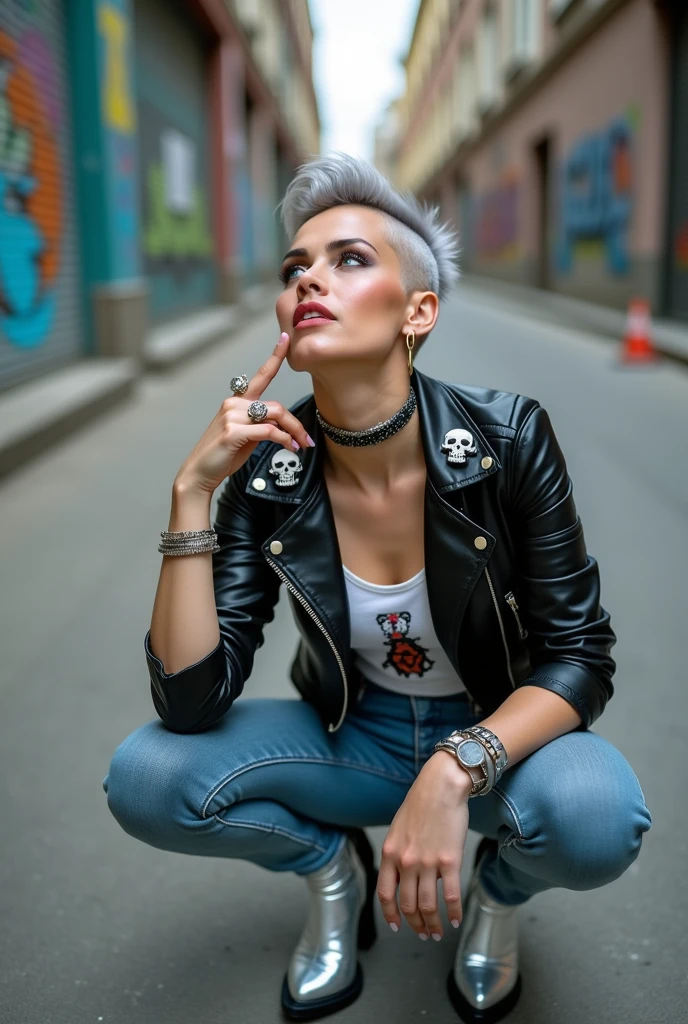 russian milf woman, grey hair (quiff shaved sides), with very light blue eyes, extremely pale. Wearing cropped black moto jacket (skulls and pentacle badges on lapels), tank top with rock logo, skinny leather jeans and silver pointy Chelsea boots with cuban heels . Lots of metallic wide silver bracelets, a tacky chain and a padlock as a collar.mTacky studded leather belt with oversized chanel buckle. Wide loop earrings. Kneeling looking up, eyes and mouth wide open in amazement. Tilted head. Tattoed.. Chin up, looking up listening in amazement to God. Well toned abdominals, thin legs and thin arms. Touches her lips with the tips of the fingers of one hand. The other hand in her knee