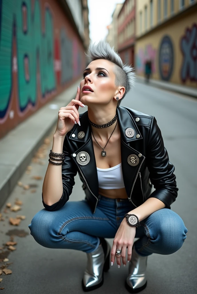 russian milf woman, grey hair (quiff shaved sides), with very light blue eyes, extremely pale. Wearing cropped black moto jacket (skulls and pentacle badges on lapels), tank top with rock logo, skinny leather jeans and silver pointy Chelsea boots with cuban heels . Lots of metallic wide silver bracelets, a tacky chain and a padlock as a collar.mTacky studded leather belt with oversized chanel buckle. Wide loop earrings. Kneeling looking up, eyes and mouth wide open in amazement. Tilted head. Tattoed.. Chin up, looking up listening in amazement to God. Well toned abdominals, thin legs and thin arms. Touches her lips with the tips of the fingers of one hand. The other hand in her knee