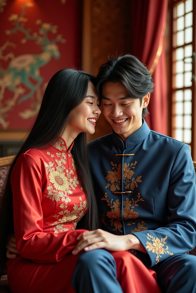 Make a gay couple who wearing a Chinese dress one of them are  sitting his lap and  their hairs are long and silky  I mean they both are boys make them clean save and beautiful face