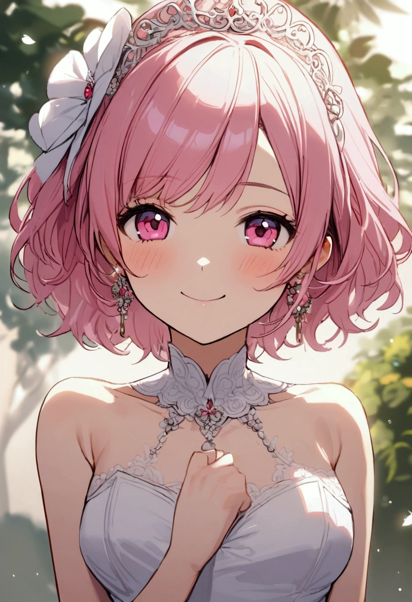 光沢のあるBlondeのポニーテール、Super long hair、Three flower-shaped hairpins on the left sideburn、Slightly desaturated blue eyes、Droopy eyes、Shining Eyes、The eye sockets are paw-shaped、Eyes are dark blue、smile、Open your mouth、Wearing a dress、Brown belt under the chest、masterpiece, highest quality, Official Art, Very detailed, Absurd, 8K resolution, 16-year-old girl, change, alone, 明るいsmile, Transparent clothes, White clothes、Blonde、A small pink tattoo in the shape of a heart just below his left eye.、Fine grain、Asymmetrical bangs、Pink hair ribbon、Blush and redness、Blunt bangs、Bangs between the eyes、Gradient hair、Ample Bust、Perfect Face