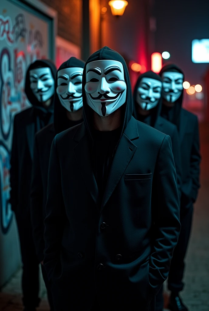 Men wearing Anonymous masks looking at the camera