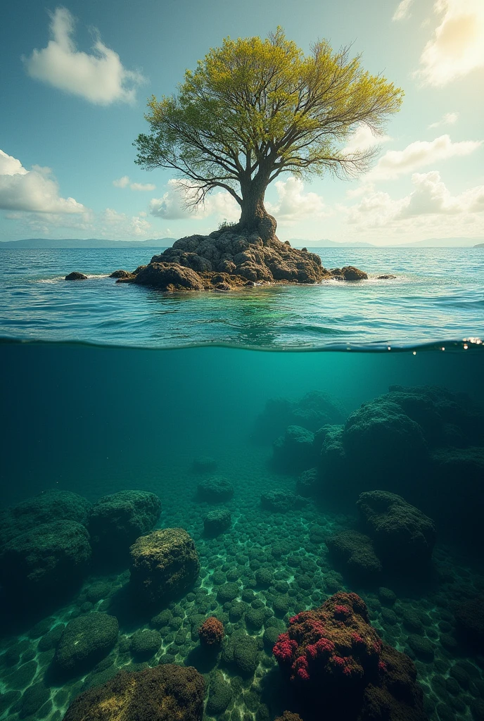 The Lost Island, Only the top of the tree remains above the water. Realistic scenery, Traces of an island are visible under the water