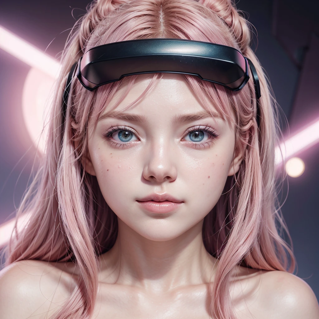 Delicate female gamer character with light pink hair, light caucasian skin, rosy cheeks, pink mouth, wearing VR goggles on their face with the word Art3mis reflected in the goggles, The image background with a gamer scene