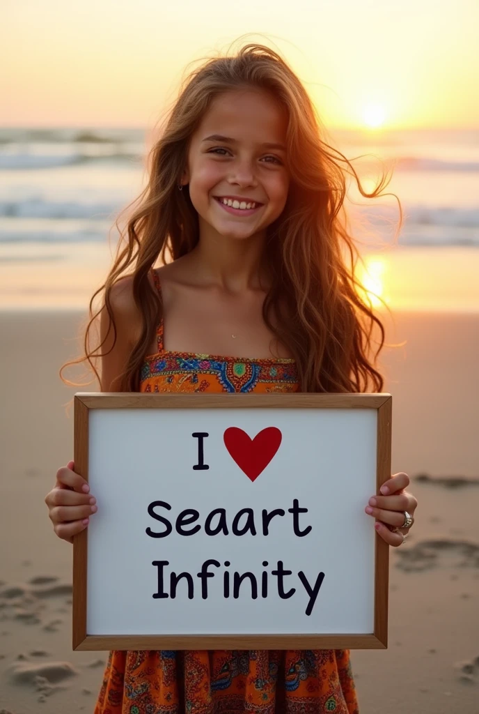 Beautiful girl with wavy long hair, bohemian dress, holding a white board with text "I Love Seaart Infinity" and showing it to the viewer