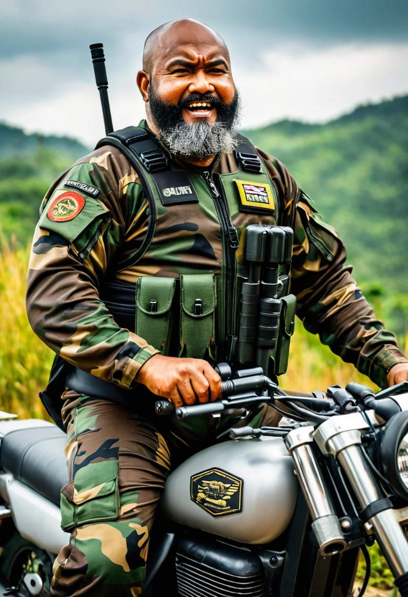 (a dark-skinned bearded fat old man in a bulky camouflage zipper diver suit) shooting with a rifle, muscular, riding an army motorcycle, Basuki Abdullah, sumatraism, action, a character portrait, heroic, fierce, snarling