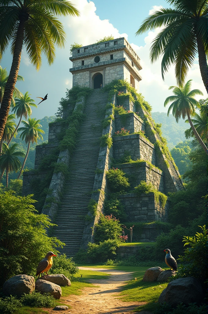 Create a super-realistic image of a Mayan pyramid with vegetation