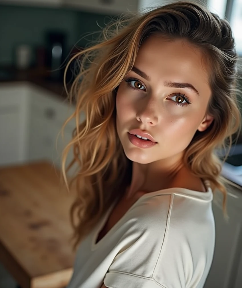 24 year old blonde MILF filmed from behind、Relaxing in the kitchen without realizing it, she have a hot Hourglass-shaped body with huge and bubble butt, (She is not looking at the camera), Brown eyes, (Brown Long Hair), realistic and Detailed face, Beautiful woman, , Detailed face, masterpiece, Mature Style, Beautiful models in highly detailed and realistic 8k, Long Hair, Hourglass-shaped body, An athletic body, She is wearing micro denim shorts and a small loose T-shirt, sexy, Realistic.