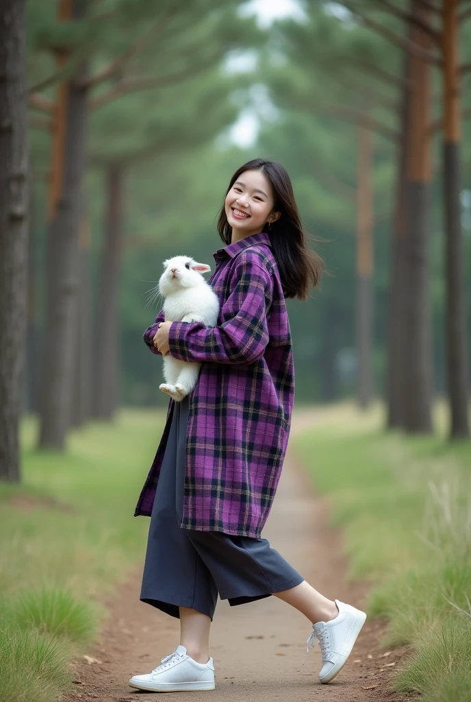 Glamor shot, beautiful Korean girl with white skin, well-groomed face, walking in the pine park, wearing a purple and black checkered long shirt, holding a rabbit, culottes, white Jordan sneakers, looks very happy. Beautiful pine forest background for original photo studio photos