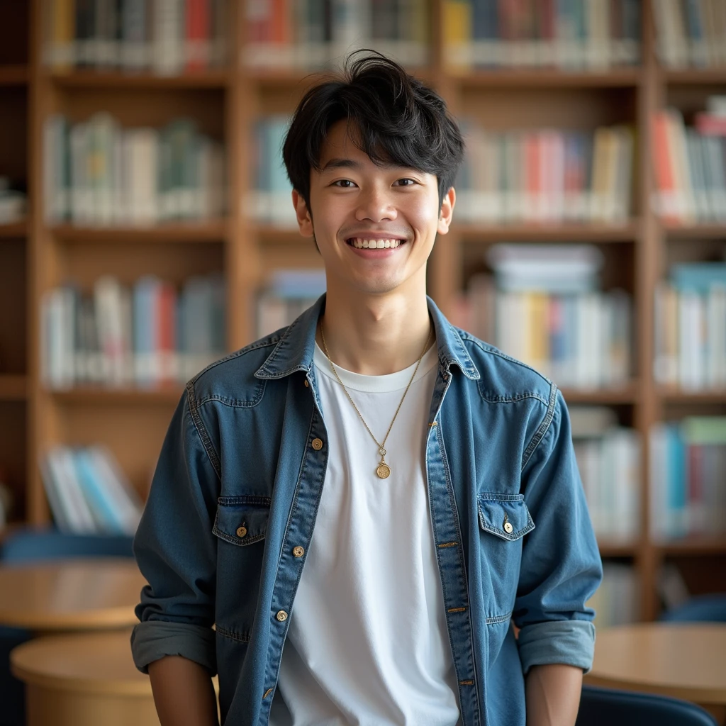 Young man、Japanese、smile、In the library、Casual clothing、front、Upper Body