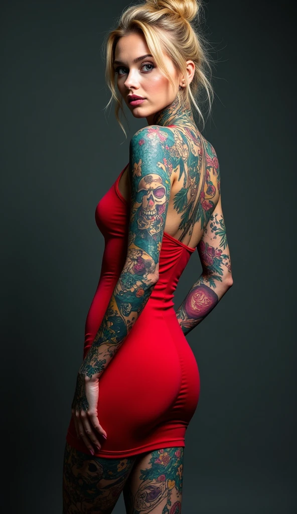 (full length portrait:1.6), (full body portrait), a woman in her late 30s, various poses with arms up or down, soft and rounded facial features, (low rooted breasts:1.4),(lower set breasts:1.4), (pale) white skin, (snow-white skin:1.5), (whole body covered in skull and outer space themed tattoos), (bright, vibrant, multi-color tattoos), [flowers/plants:-3] , (chest tattoo), red bodycon dress, (hard pert nipples visible under dress:1.8), honey blonde hair in a messy bun, 8k,highres,masterpiece,ultra-detailed,realistic,photorealistic,photo-realistic,vivid colors,studio lighting,extremely detailed tattoos,extremely detailed face and body
