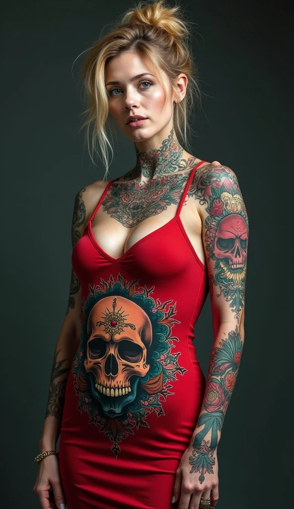 (full length portrait:1.6), (full body portrait), a woman in her late 30s, various poses with arms up or down, soft and rounded facial features, (low rooted breasts:1.4),(lower set breasts:1.4), (pale) white skin, (snow-white skin:1.5), (whole body covered in skull and outer space themed tattoos), (bright, vibrant, multi-color tattoos), [flowers/plants:-3] , (chest tattoo), red bodycon dress, (hard pert nipples visible under dress:1.8), honey blonde hair in a messy bun, 8k,highres,masterpiece,ultra-detailed,realistic,photorealistic,photo-realistic,vivid colors,studio lighting,extremely detailed tattoos,extremely detailed face and body