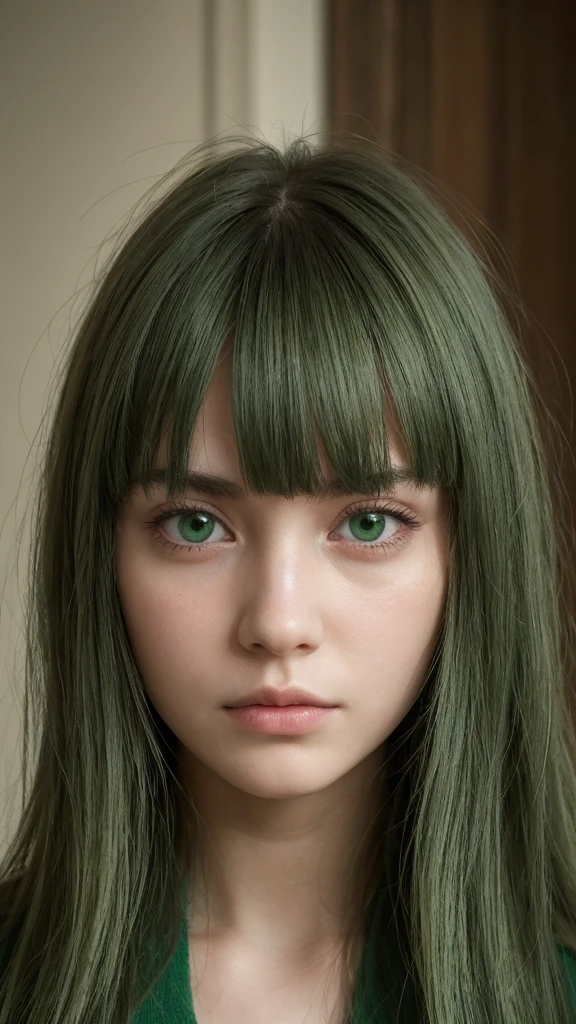a girl. Europe. Extremely detailed face. Oval face. delicate facial features. half-closed eyes. long straight hair. messy hair. bangs. green hair. green eyes. angry. shy. straight face