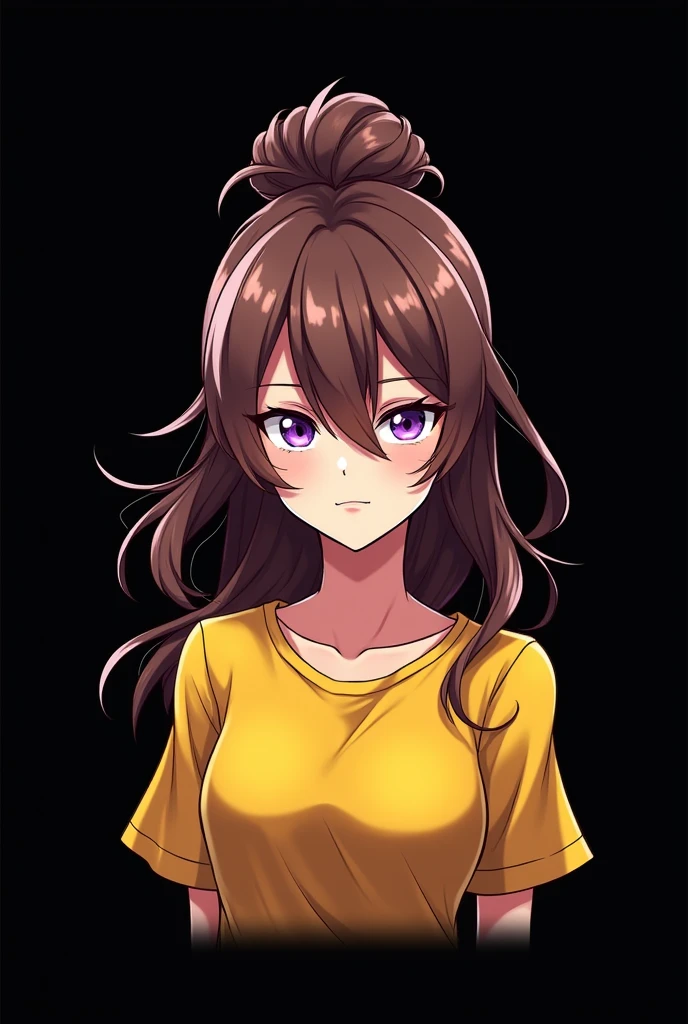 Gaming Logo for "LimeStone" , Gamer , black background , styled white font , Anime girl , brown hair colour , white hair bang , hair bun style , yellow T-shirt , purple eyes , empty eye lens , serious eye , uncaring eye , smirk