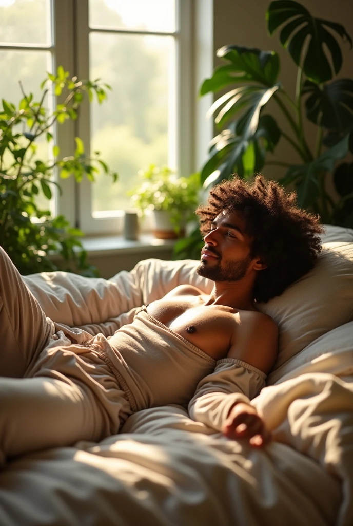 (photorealism:1.2), beautiful man, sitting on bed, wearing loose off-shoulder top, pajama pants, long curly hair, indoors, soft lighting, plants in background, window with sunlight, cozy room, relaxed pose, realistic, intricate details, warm colors, by Greg Rutkowski, by Alphonse Mucha